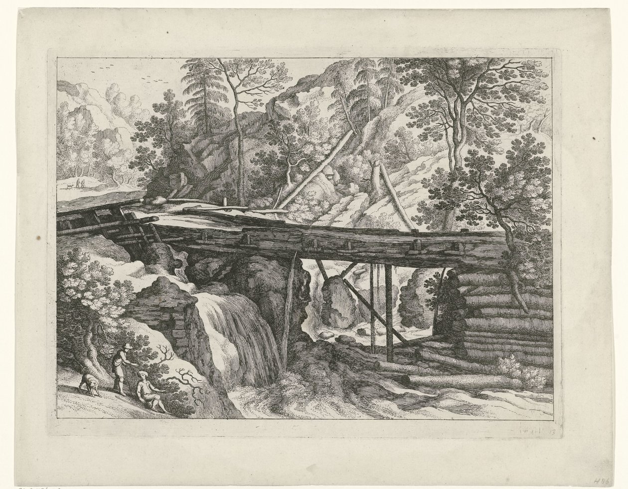 Bergslandskap med träakvedukt Italienska landskap (serietitel) av Willem van Nieulandt (II)