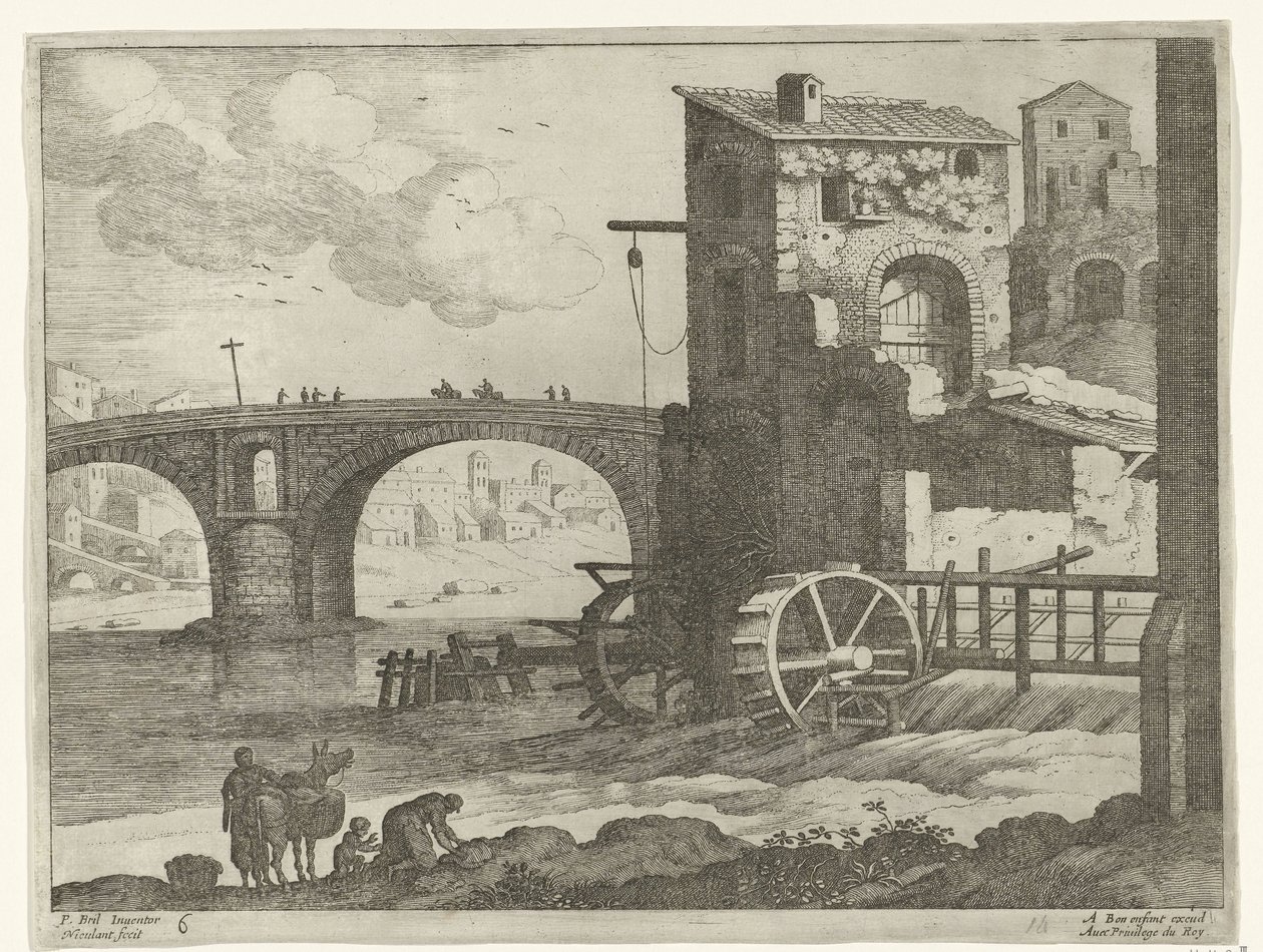 Bro och vattenkvarn Italienska landskap (serietitel) av Willem van Nieulandt (II)