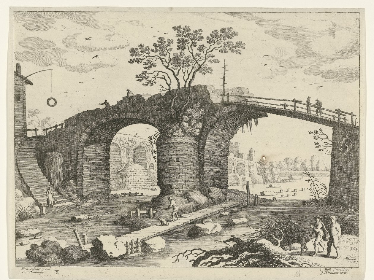 Bro över en flod Italienska landskap (serietitel) av Willem van Nieulandt (II)
