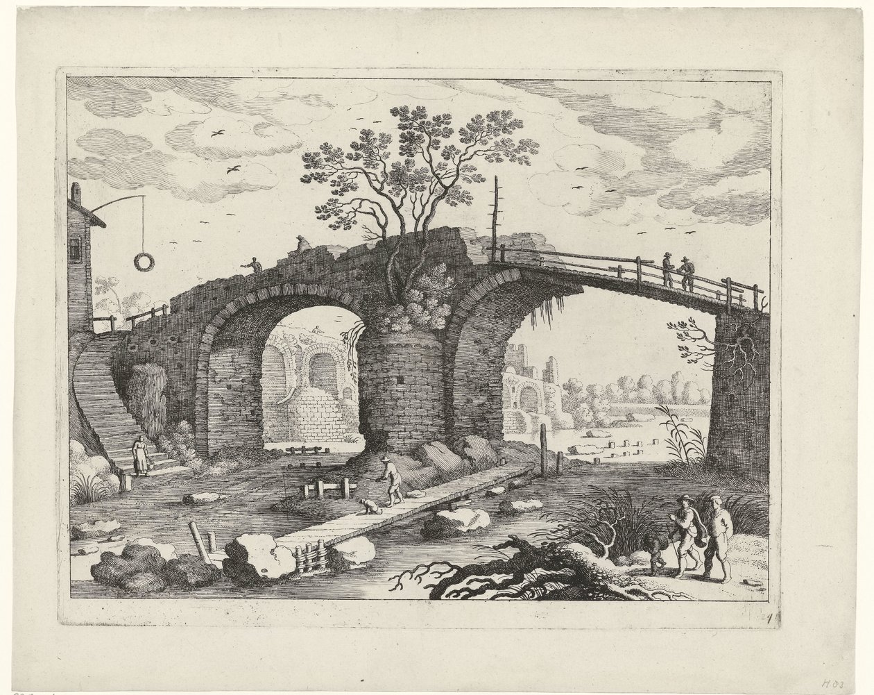 Bro över en flod Italienska landskap (serietitel) av Willem van Nieulandt (II)