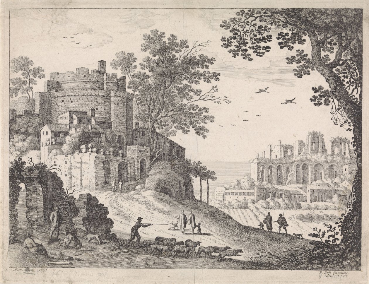 Byggnader längs en väg Italienska landskap (serietitel) av Willem van Nieulandt (II)