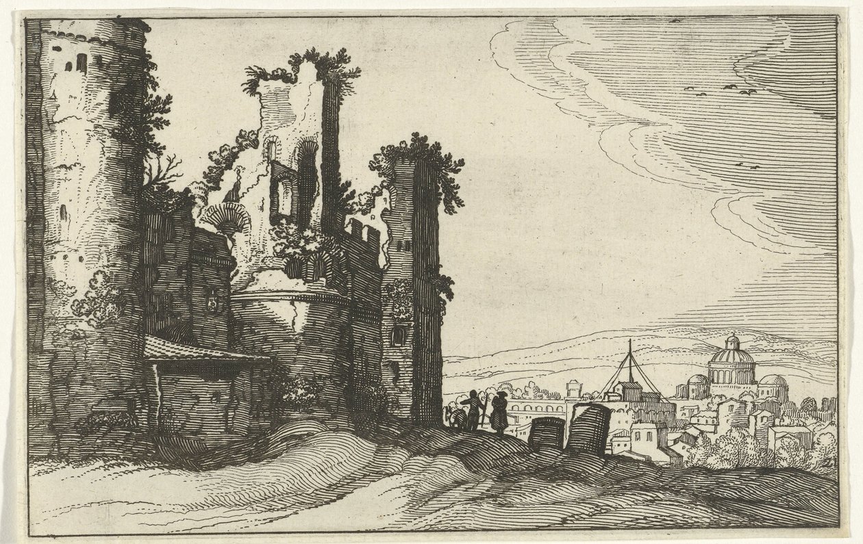 Utsikt över Rom från Monte Pincio Romerska ruiner och kustlandskap (serie 1) (serietitel) av Willem van Nieulandt (II)