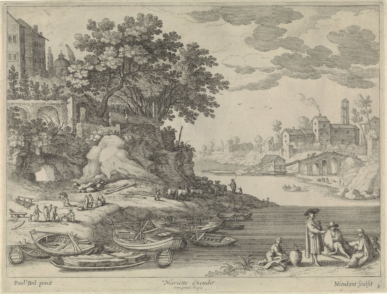 Hamn med roddbåtar, figurer och boskap av Willem van Nieulandt (II)
