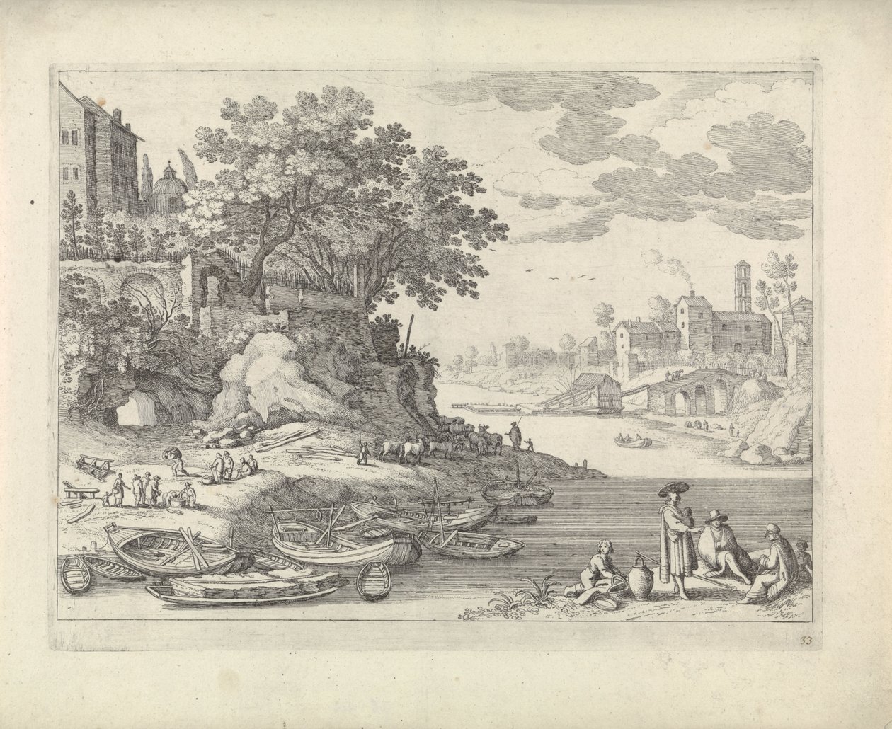 Hamn med roddbåtar, figurer och boskap av Willem van Nieulandt (II)