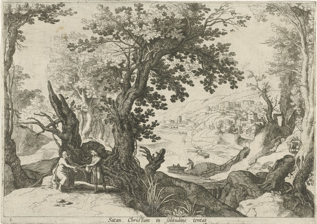Landskap med Kristi frestelse Satan Christum in solitudine tentat (titel på objekt) Italienska landskap med bibliska scener (serietitel) av Willem van Nieulandt (II)