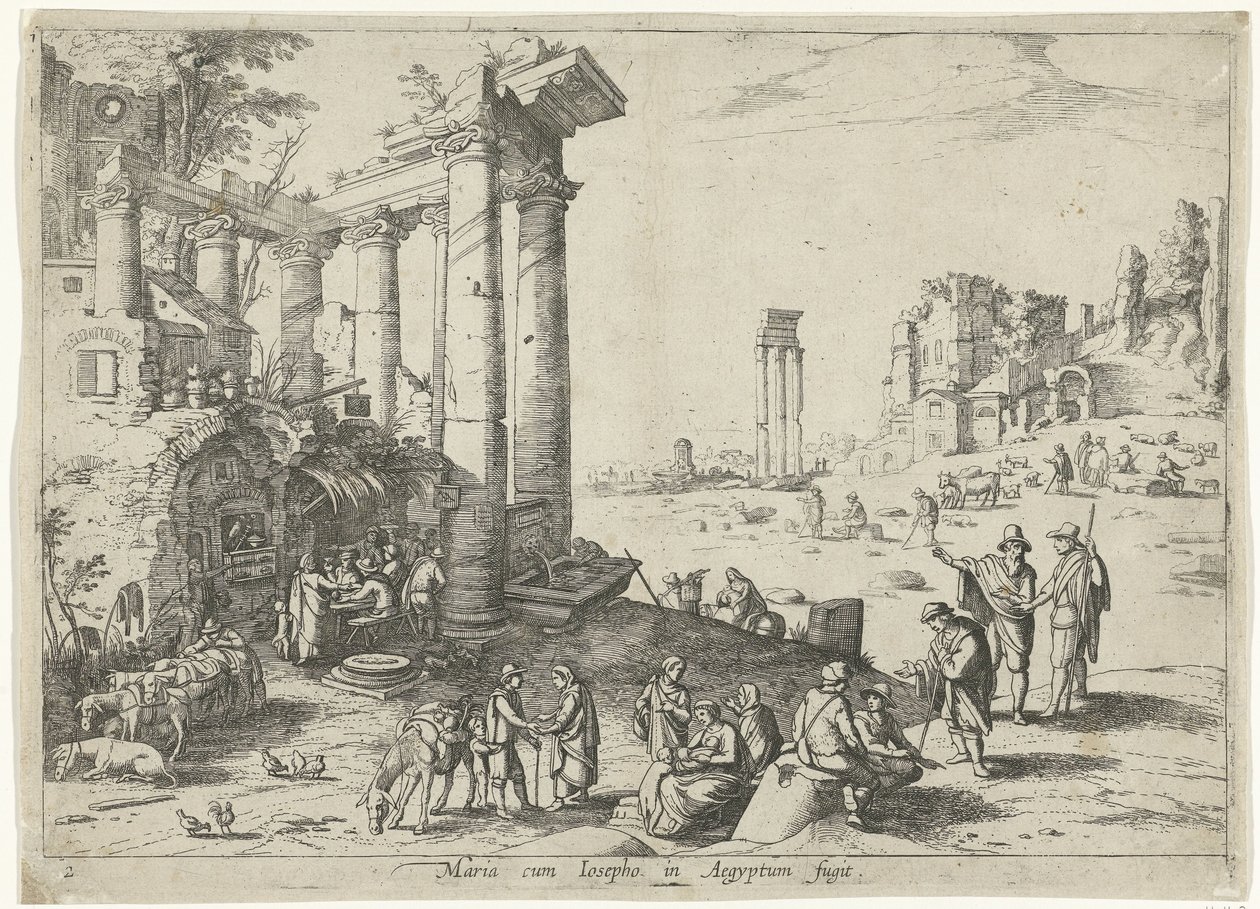 Landskap med flykten till Egypten Maria cum Iosepho i Aegyptum fugit (titel på objekt) Italienska landskap med bibliska scener (serietitel) av Willem van Nieulandt (II)