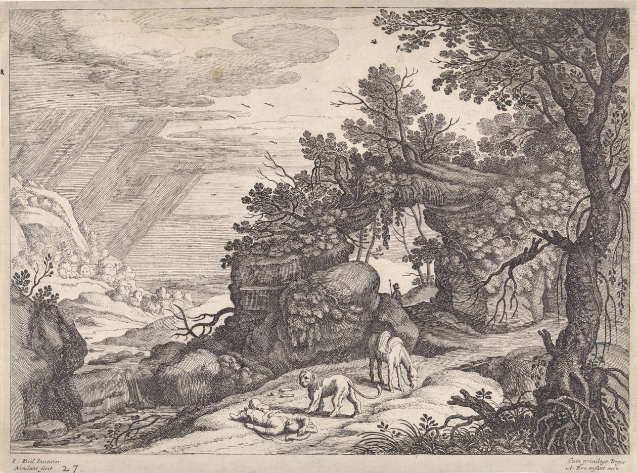 Landskap med en död gudsman, lejon och åsna Italienska landskap (serietitel) av Willem van Nieulandt (II)