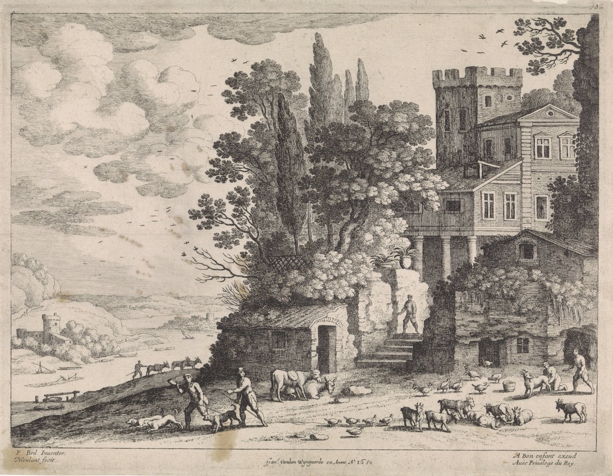 Landskap med hus, figurer och boskap av Willem van Nieulandt (II)