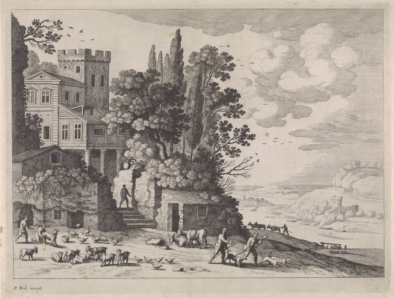Landskap med hus, figurer och boskap av Willem van Nieulandt (II)