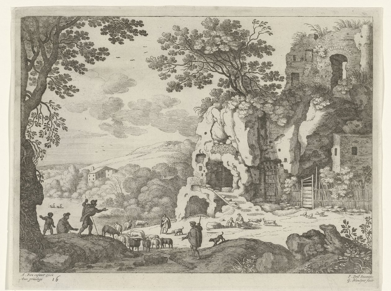 Landskap med en ruin Italienska landskap (serietitel) av Willem van Nieulandt (II)