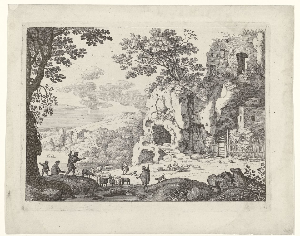 Landskap med en ruin Italienska landskap (serietitel) av Willem van Nieulandt (II)