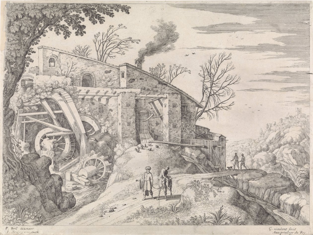 Landskap med en vattenkvarn och den barmhärtige samariten Italienska landskap (serietitel) av Willem van Nieulandt (II)