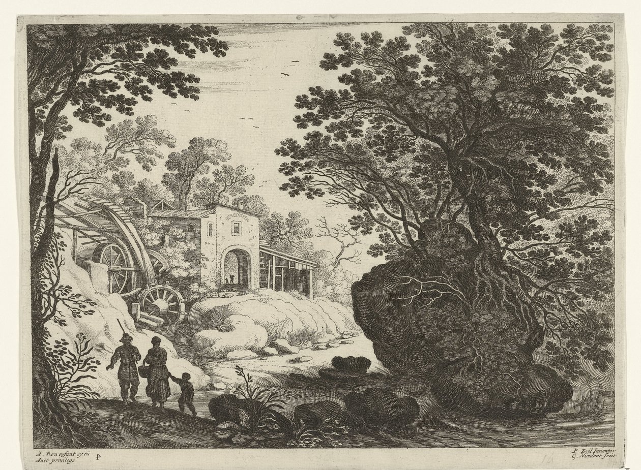 Par och barn vid vattenkvarn Italienska landskap (serietitel) av Willem van Nieulandt (II)