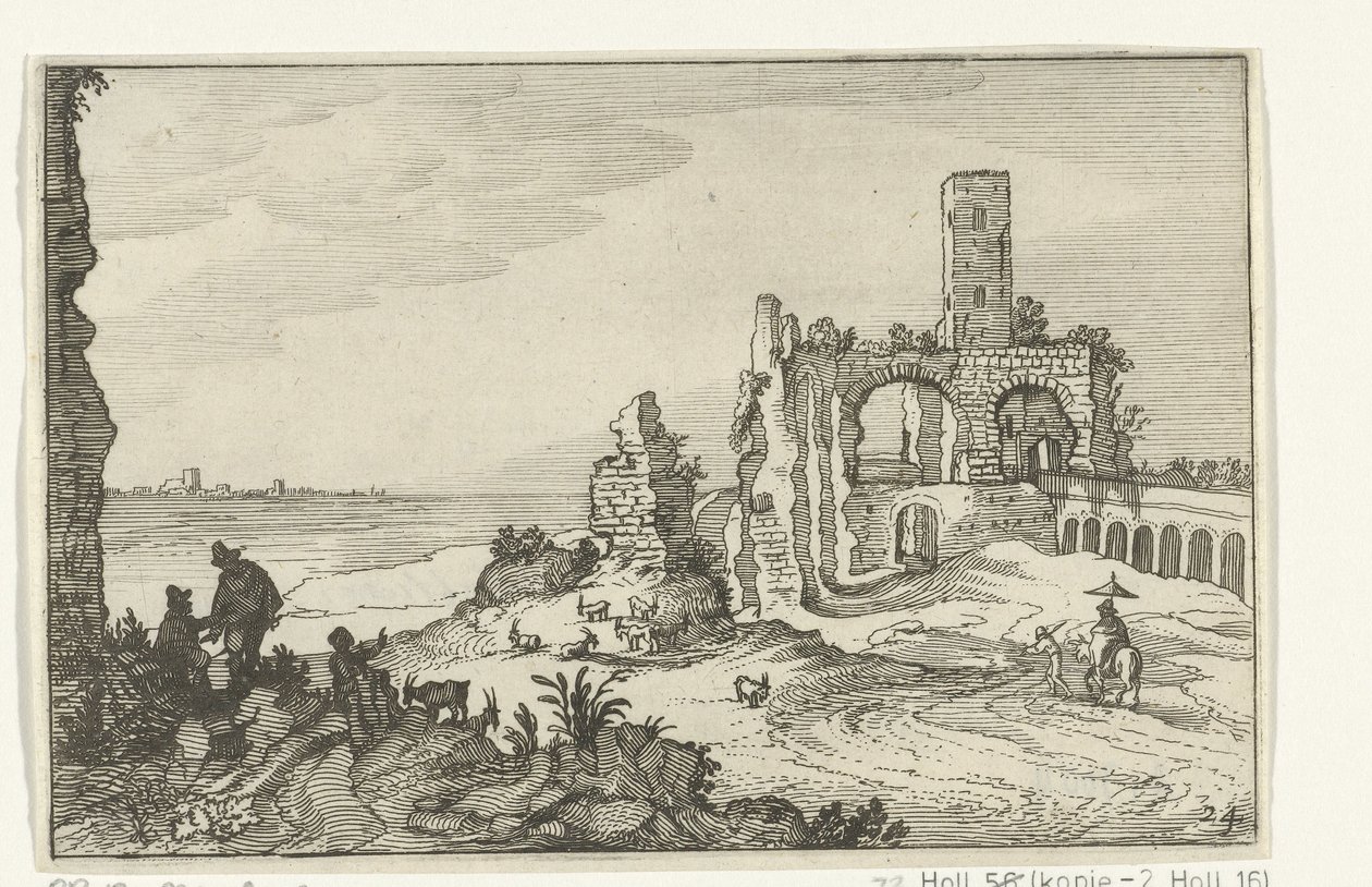 Ruin med valv och ett torn på vattnet Romerska ruiner och kustlandskap (serie 1) (serietitel) av Willem van Nieulandt (II)