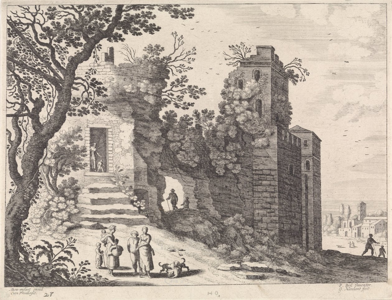 Ruin med en grupp kvinnor och barn Italienska landskap (serietitel) av Willem van Nieulandt (II)