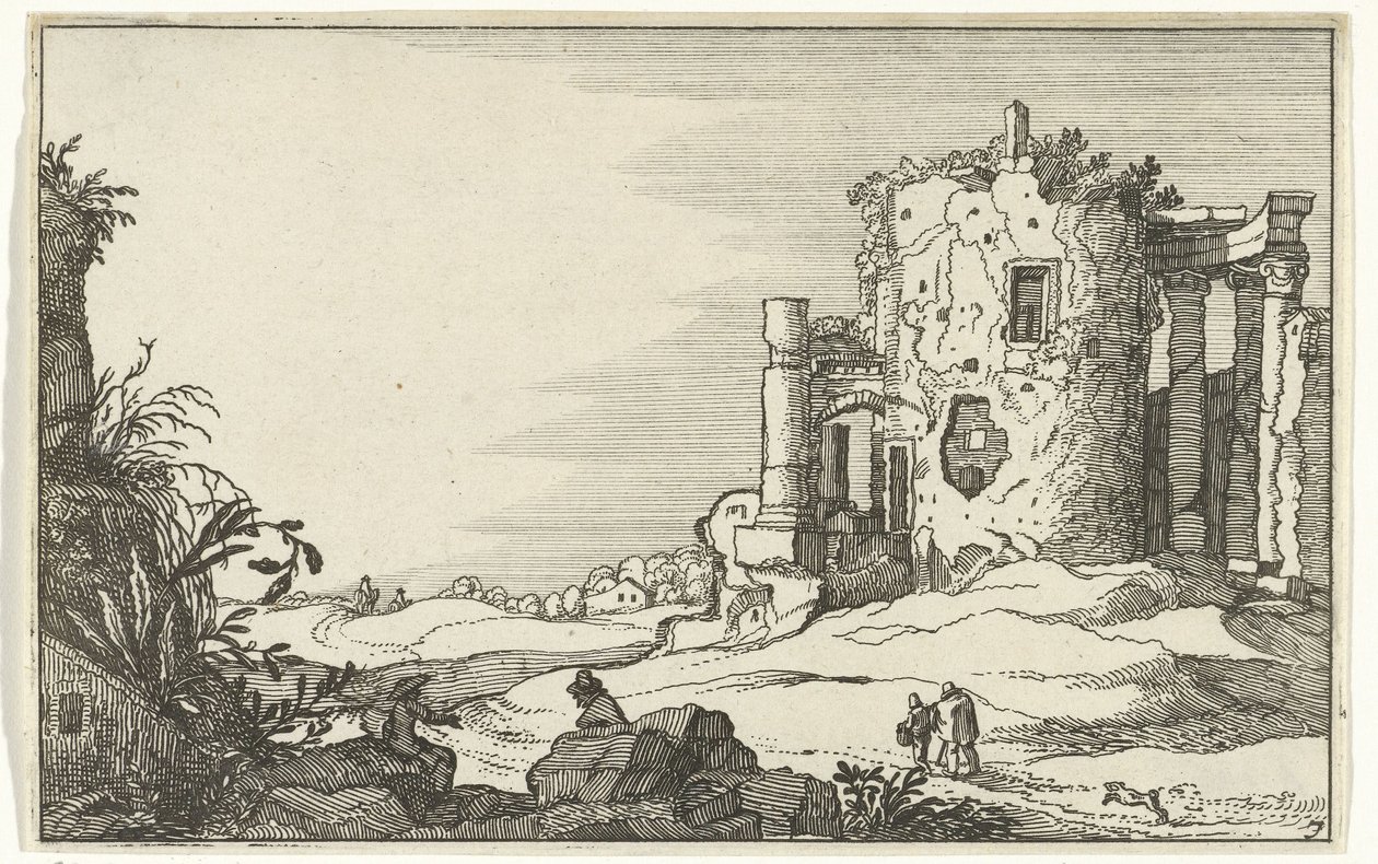 Ruinerna av ett tempel omgivet av kolumner Romerska ruiner och kustlandskap (serie 1) (serietitel) av Willem van Nieulandt (II)