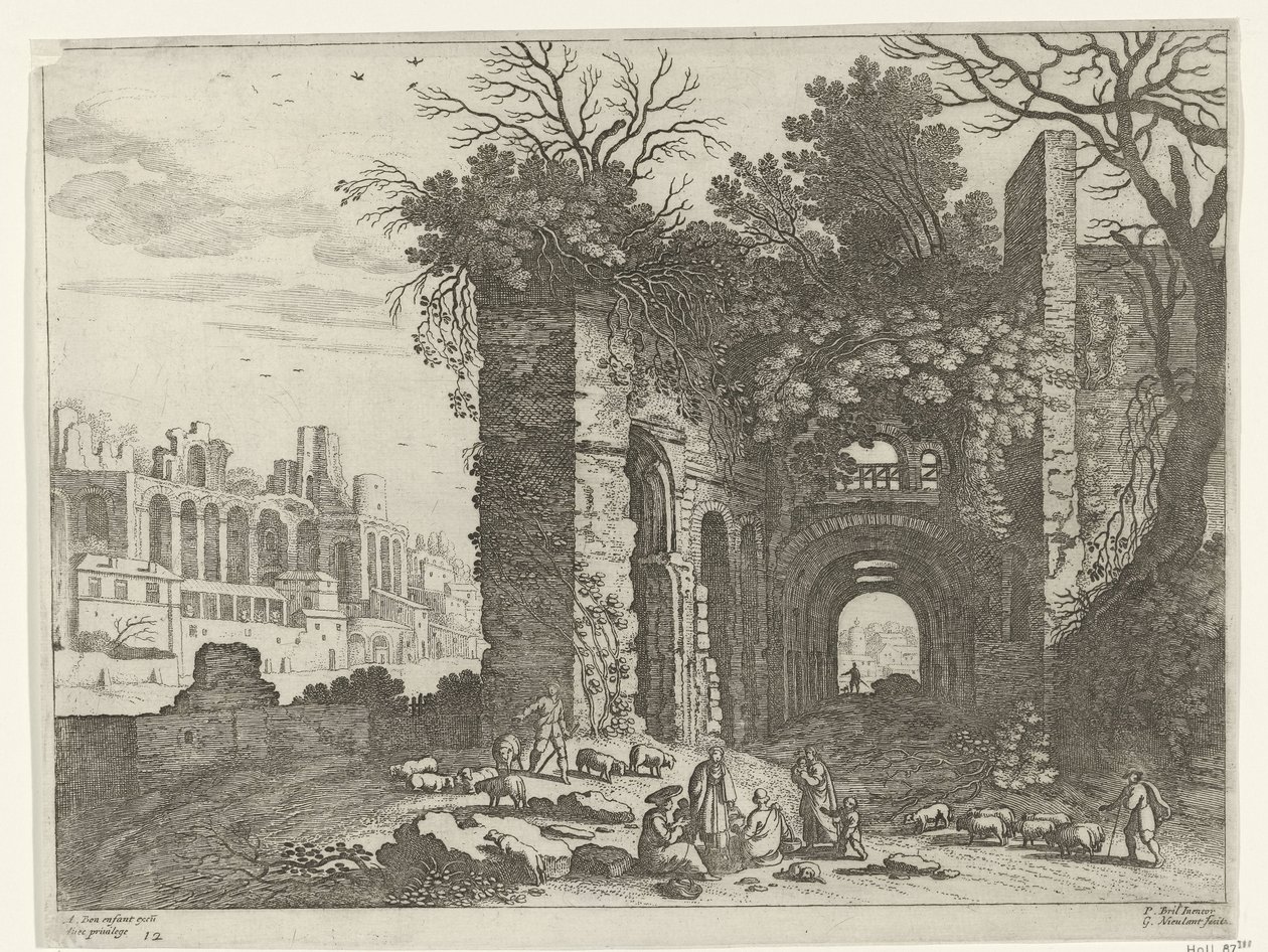 Vilande familj framför en ruin Italienska landskap (serietitel) av Willem van Nieulandt (II)