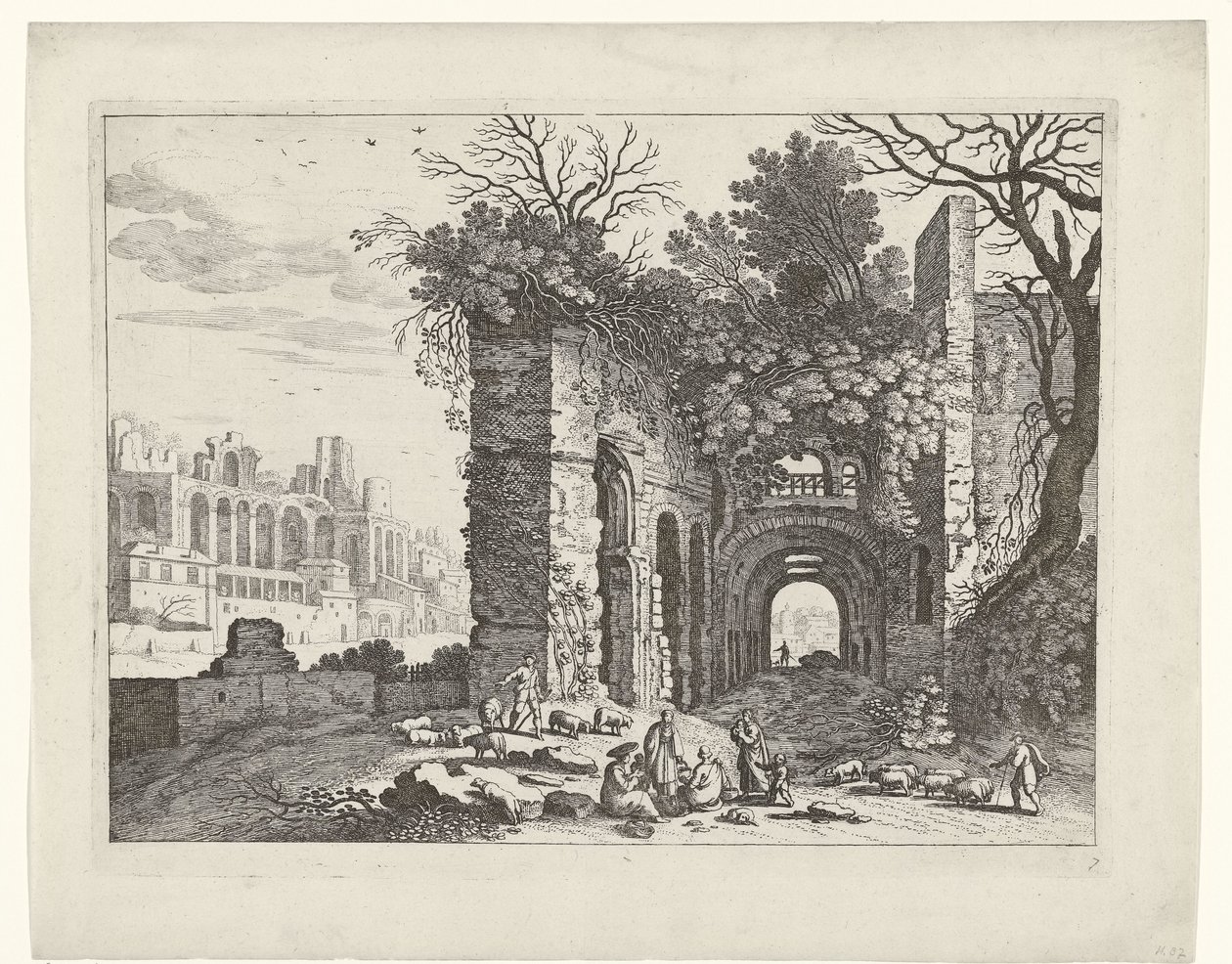 Vilande familj framför en ruin Italienska landskap (serietitel) av Willem van Nieulandt (II)