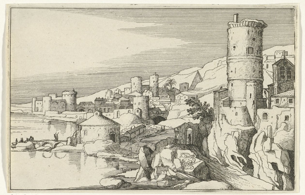 Stad med torn på vattnet Romerska ruiner och kustlandskap (serie 1) (serietitel) av Willem van Nieulandt (II)