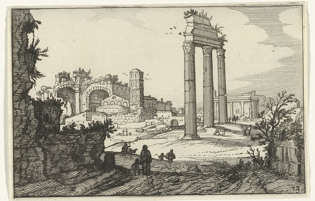 Castor och Pollux tempel och Konstantinbasilikan Romerska ruiner och kustlandskap (serie 1) (serietitel) av Willem van Nieulandt (II)