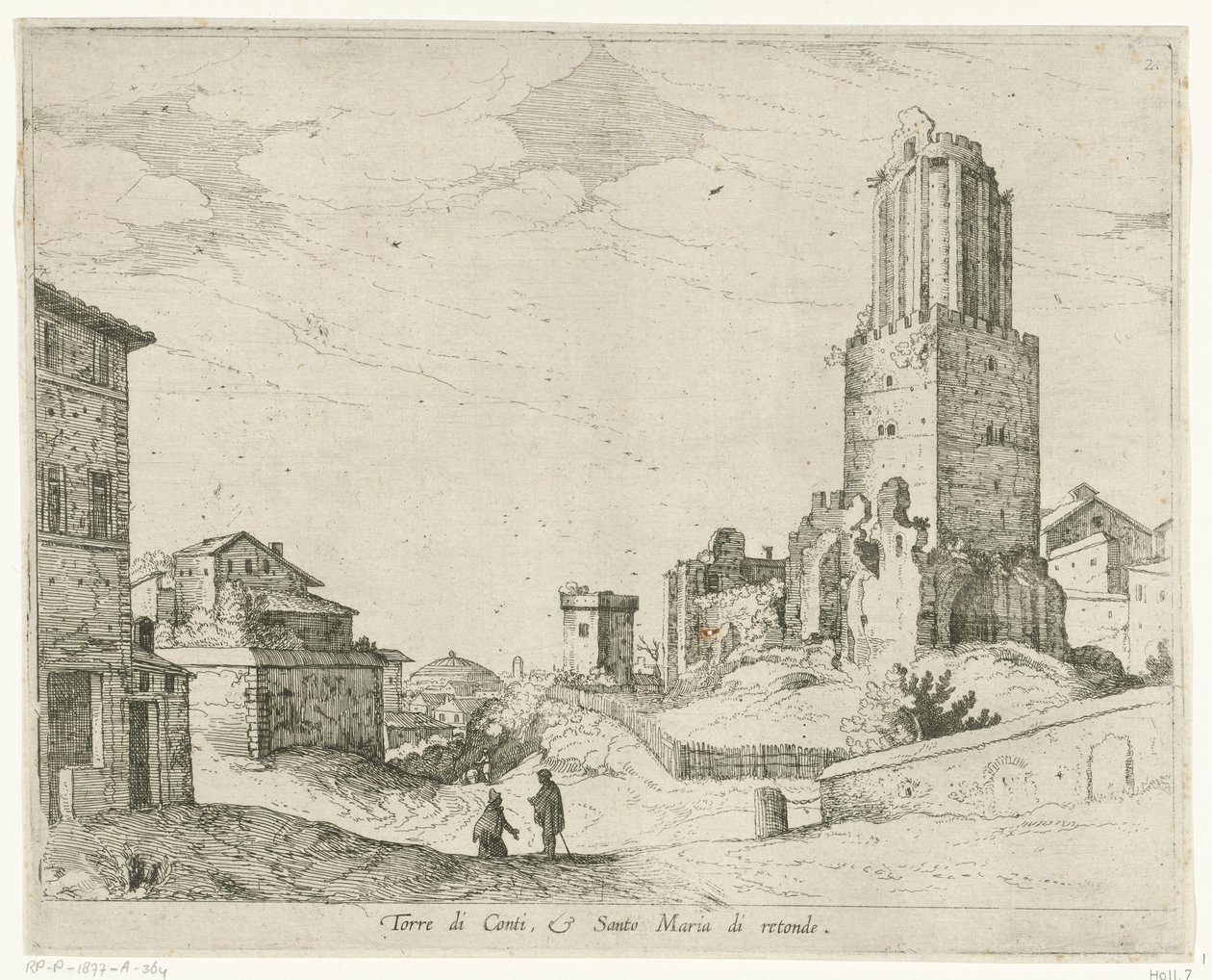 Torre delle Milizie och Pantheon Torre di Conti e Santo Maria di retonde (titel på objekt) Utsikt över Rom (serietitel) av Willem van Nieulandt (II)