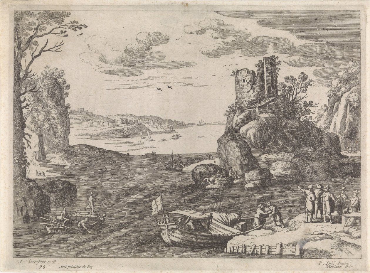 Flera fartyg i en vik Italienska landskap (serietitel) av Willem van Nieulandt (II)