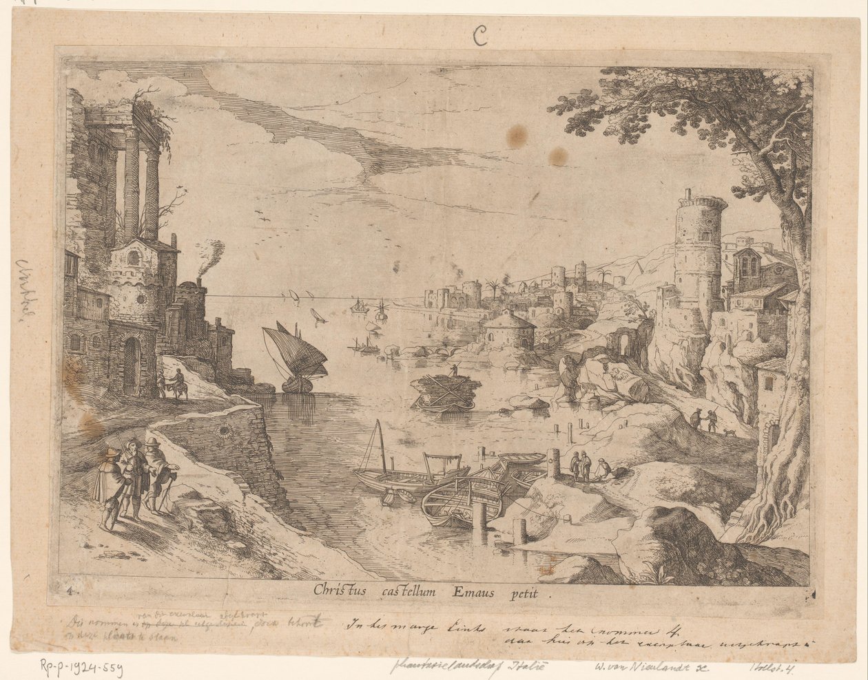 Landskap med nattvarden i Emmaus Christ castellum Emaus petit (titel på objekt) Italienska landskap med bibliska scener (serietitel) av Willem van Nieulandt