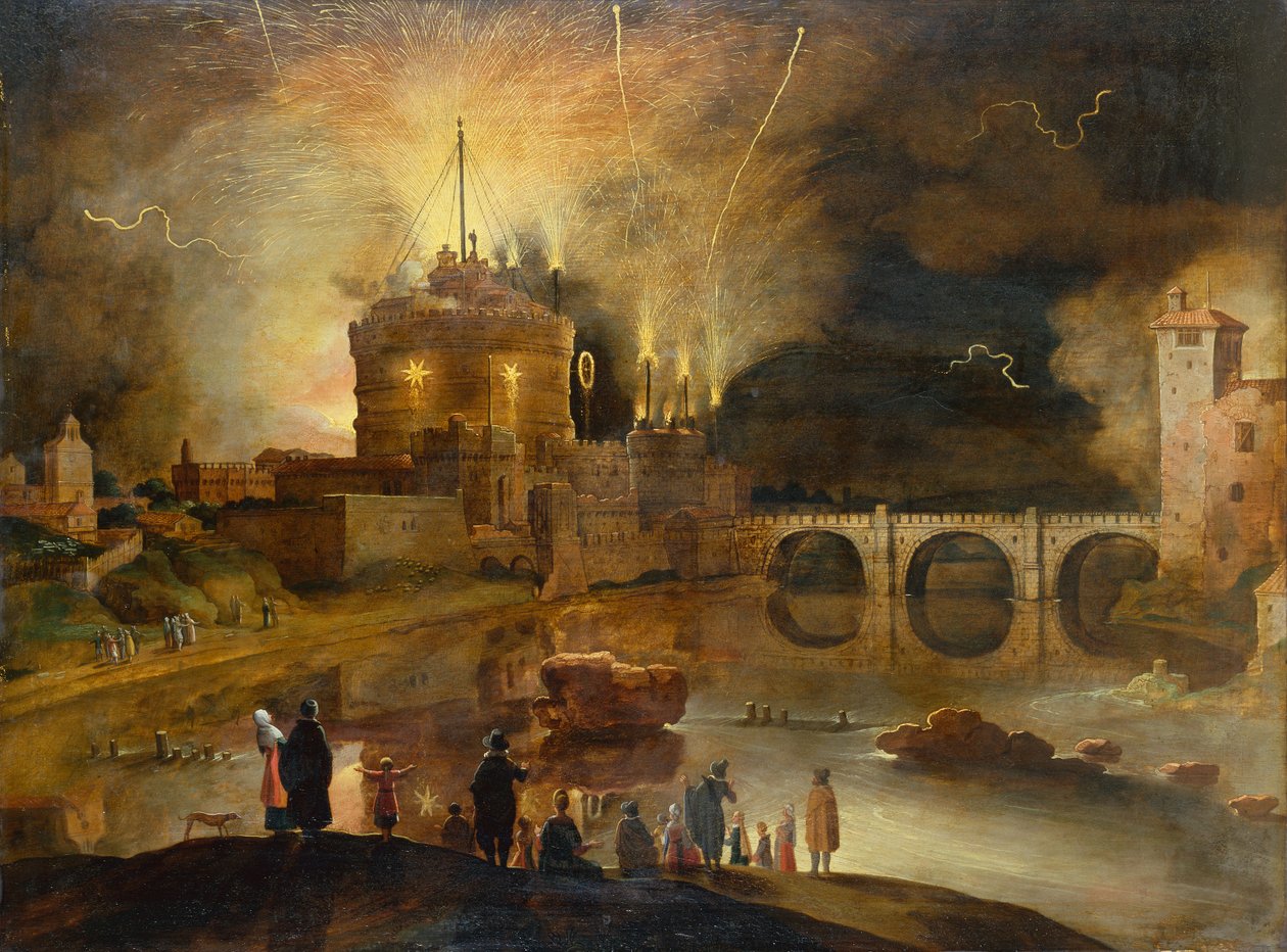 Castel Sant Angelo, Rom, med stadsbor som tittar på ett fyrverkeri på natten (olja på panel) av Willem van Nieulandt
