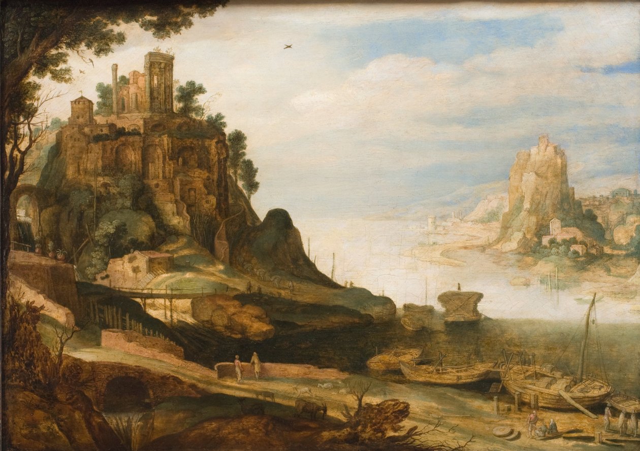 Kustlandskap med det så kallade Sibyllatemplet i Tivoli av Willem van Nieulandt d.Y.