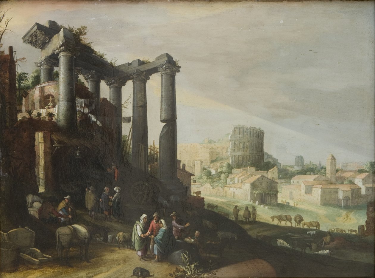 Landskap med utsikt över Campo Vaccino i Rom av Willem van Nieulandt d.Y.