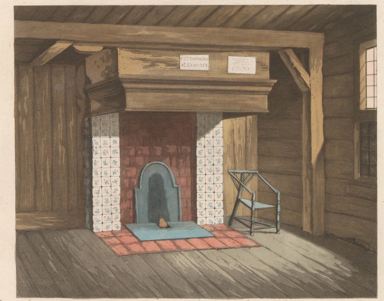 Interiör av Tsar Peter House i Zaandam, 1824 Stugan bebodd av tsar Peeter de Grooten i Zaandam år 1697 (...) - La maisonnette habitée par le Czar pierre le grand à Zaandam (...) (titel på objektet) av Willem van Senus (possibly)