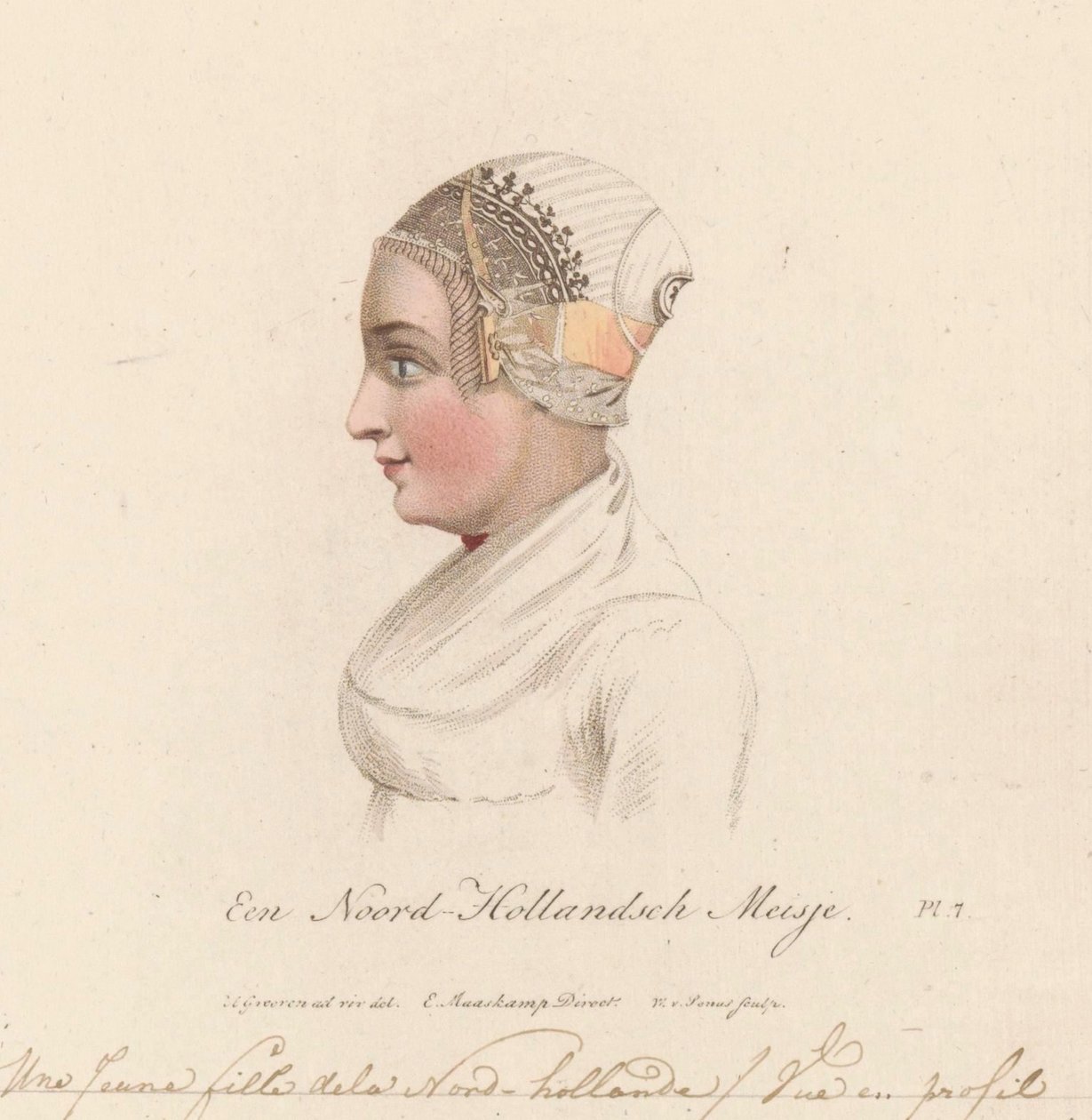 Huvudbonad av en flicka från Nordholland, 1816 A North Holland Girl / Une Jeune fille de la Nord-Holland / Vue en profil (titel på objekt) av Willem van Senus