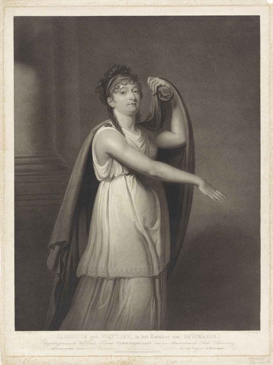 Porträtt av Johanna Cornelia Ziesenis-Wattier Ziesenis f. Wattier, i Epicharis karaktär (titel på objekt) av Willem van Senus