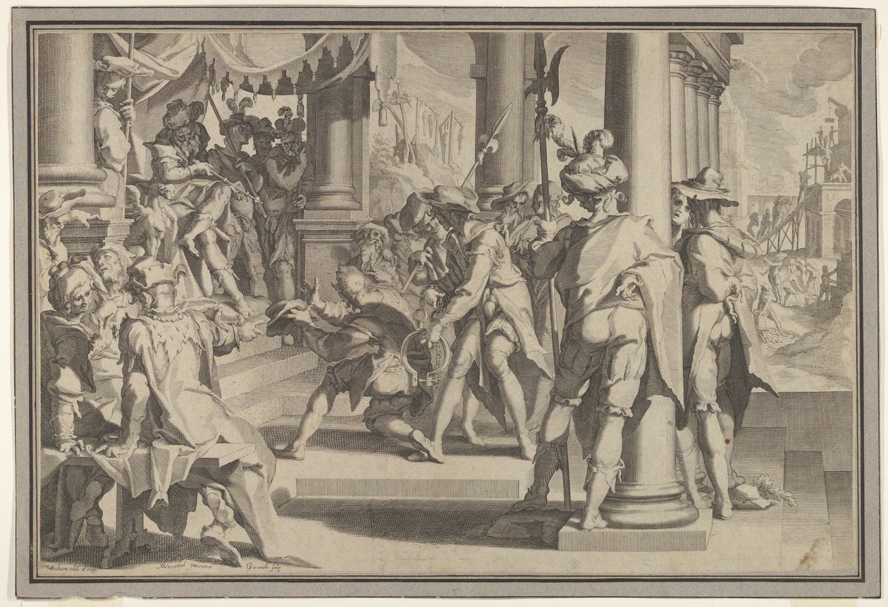 Allegory of Justice Sanctity of the Law med en domstolsscen som skildrar en man som benådas..., 1605. av Willem van Swanenburg
