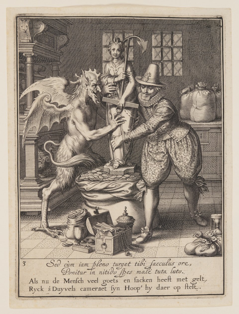 En man och djävulen fyller en säck med pengar och sätter upp en staty av hopp, från Allegory of the Misuse of Worldly Property av Willem van Swanenburgh