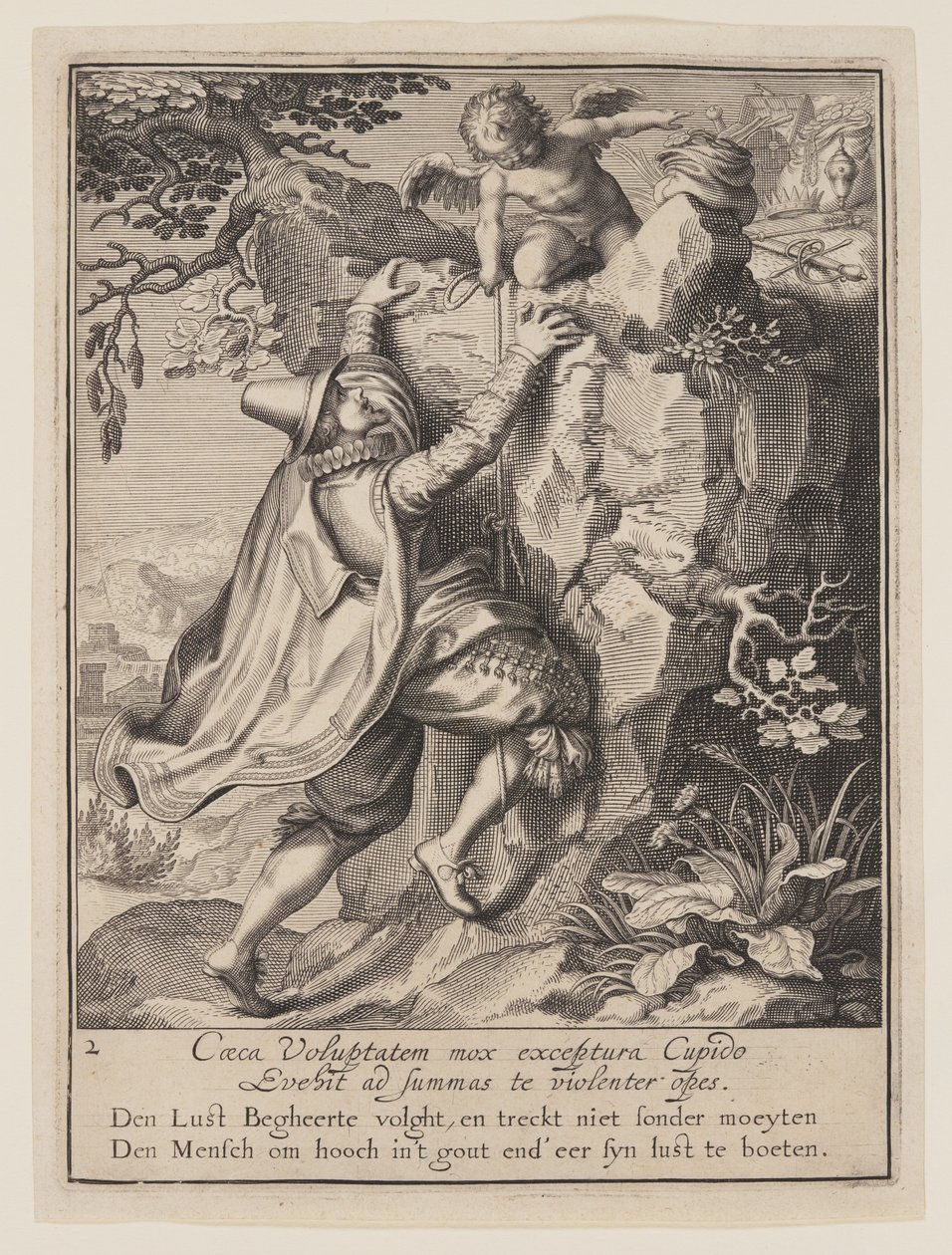 En ung man klättrar uppför en sluttning med hjälp av Amor, från Allegori om missbruk av världslig egendom av Willem van Swanenburgh