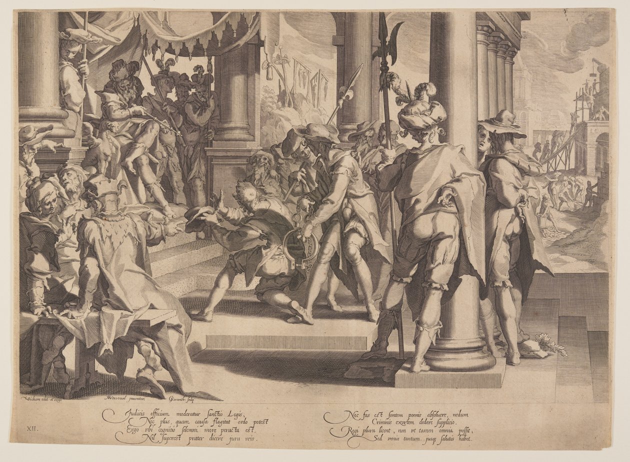 Rättvisans allegori, Lagens helgd, plansch 12 från Rättvisans troner (Thronus Iustitiae) av Willem van Swanenburgh