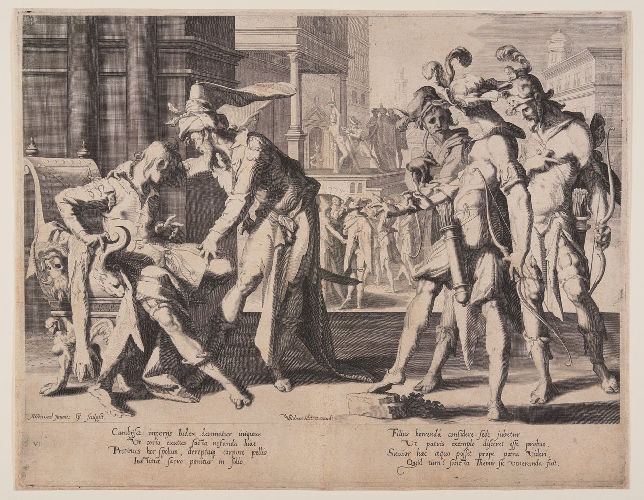 Cambyses beordrar flåning, plansch 6 från Rättvisans troner (Thronus Iustitiae) av Willem van Swanenburgh