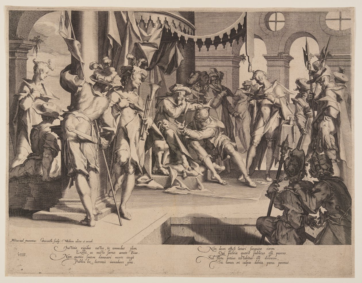 Domare Bias fäller tårar, plansch 9 från Thrones of Justice (Thronus Iustitiae) av Willem van Swanenburgh