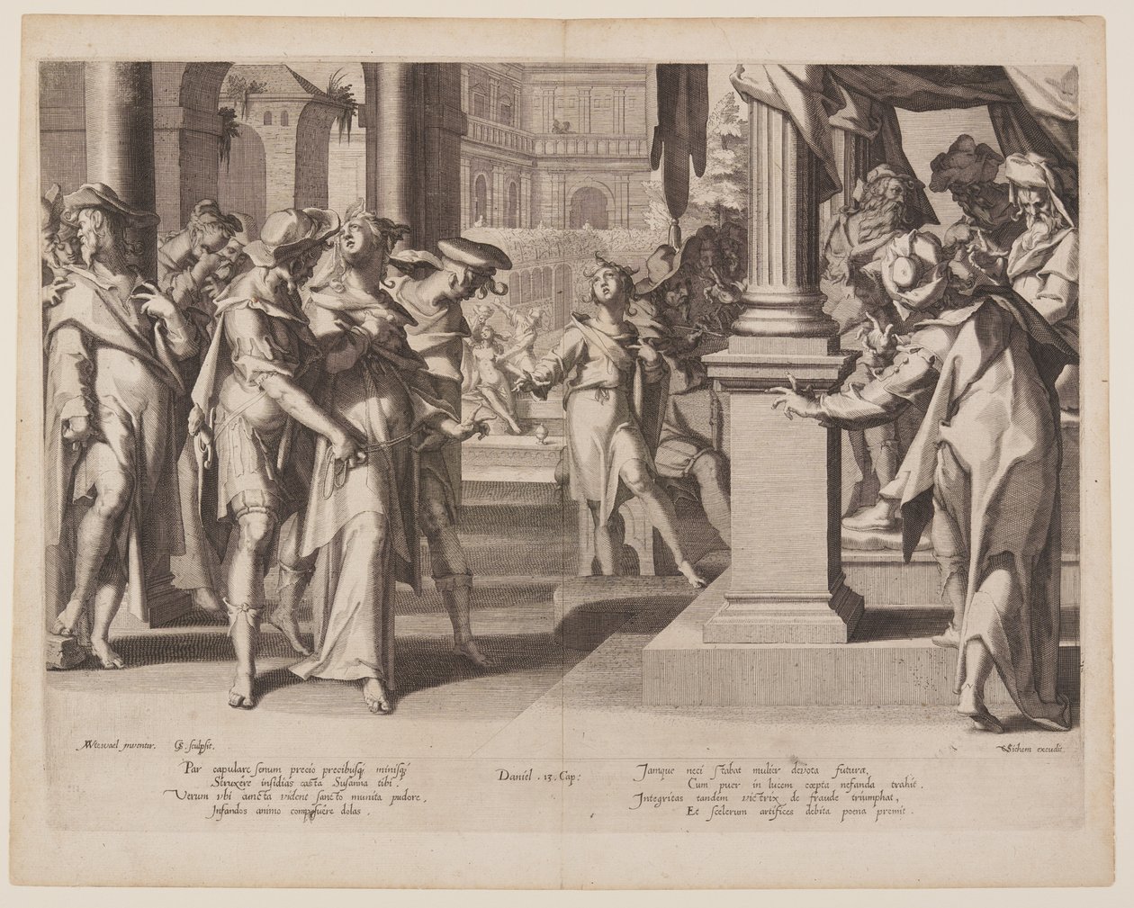 Susanna inför Daniel, plansch 3 från Thrones of Justice (Thronus Iustitiae) av Willem van Swanenburgh