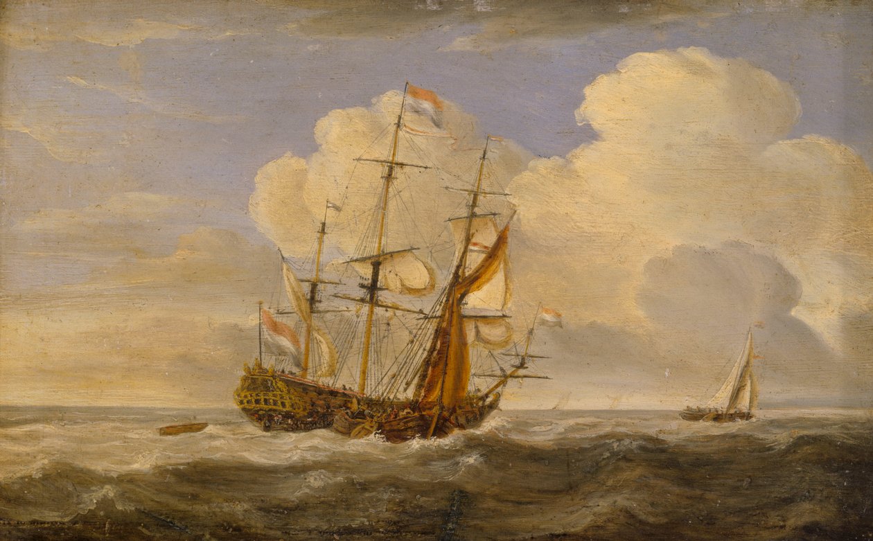 Ett nederländskt flaggskepp i motvind, slutet av 1600-talet till början av 1700-talet (olja på pannå) av Willem van de II (follower of) Velde