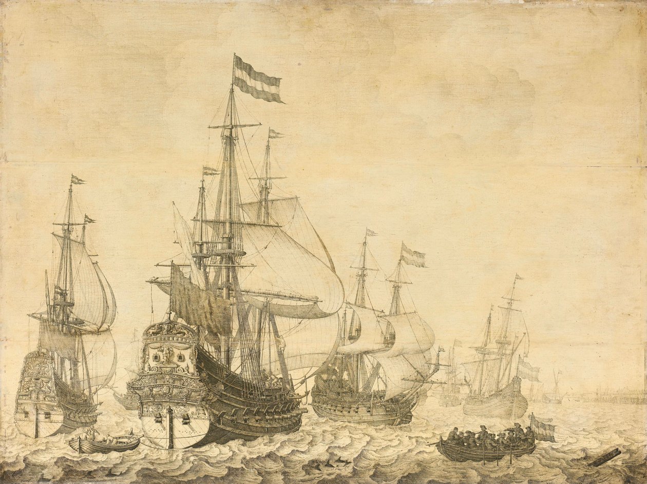 Havslandskap med de holländska krigsmännen inklusive Drenthe och prins Frederick-Henry av Willem van de Velde (I)