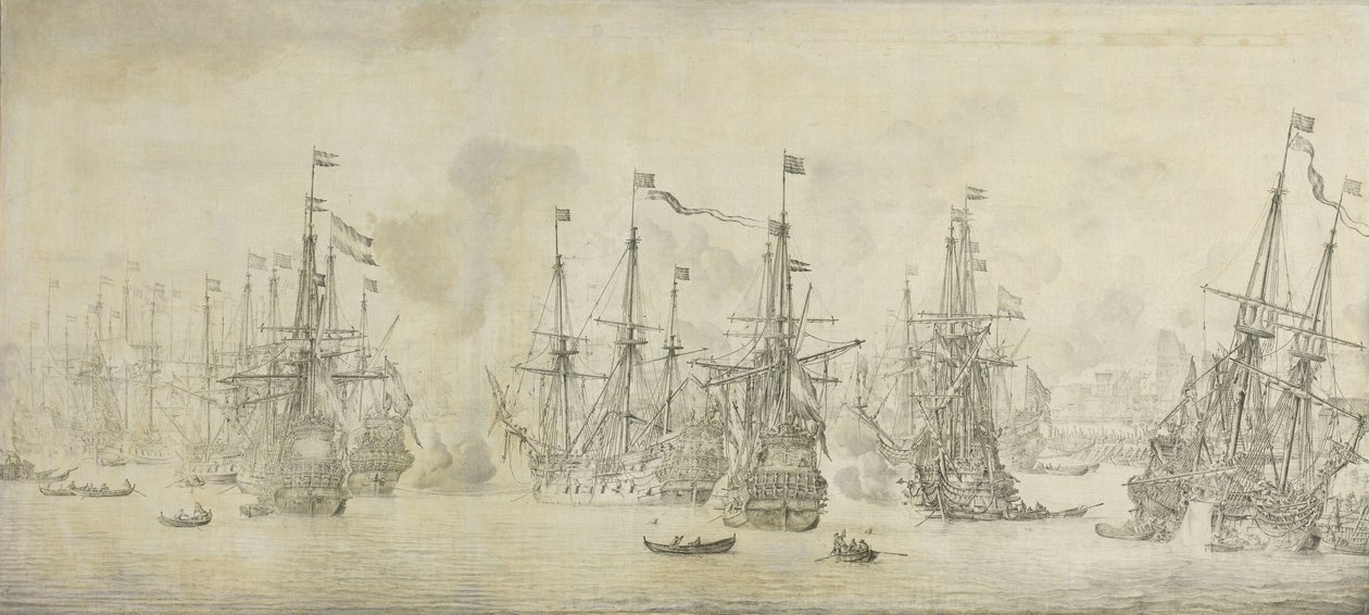 Engelsmännens misslyckade attack mot returflottan i hamnen i Bergen, Norge, 12 augusti 1665: en episod från det andra engelsk-holländska kriget av Willem van de Velde (I)