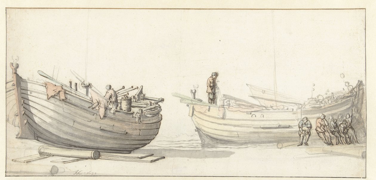 Studie av två fiskebåtar med figurer av Willem van de Velde (II) (attributed to)