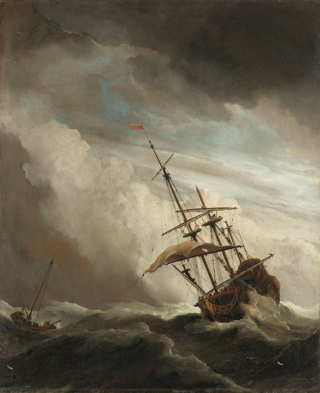 Ett skepp på öppet hav fångat av en storm, känd som "The Gust" Ett fartyg på öppet hav i en rasande storm, känt som "The Gust of Wind" av Willem van de Velde (II)
