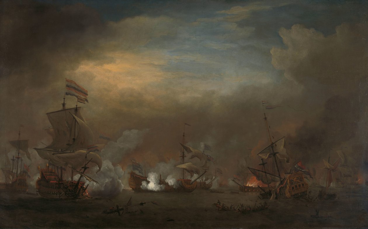 Möte under slaget vid Kijkduin Sjöslaget mellan Cornelis Tromp på Gouden Leeuw och Sir Edward Spragg om den kungliga prinsen under slaget vid Kijkduin (slaget vid Texel), 21 augusti 1673: avsnitt från det tredje anglo-holländska kriget av Willem van de Velde (II)