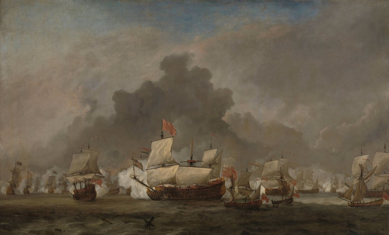Sjöstrid mellan Michiel Adriaensz de Ruyter och hertigen av York på den kungliga prinsen under slaget vid Solebay, 7 juni 1672: avsnitt från det tredje anglo-holländska kriget av Willem van de Velde (II)