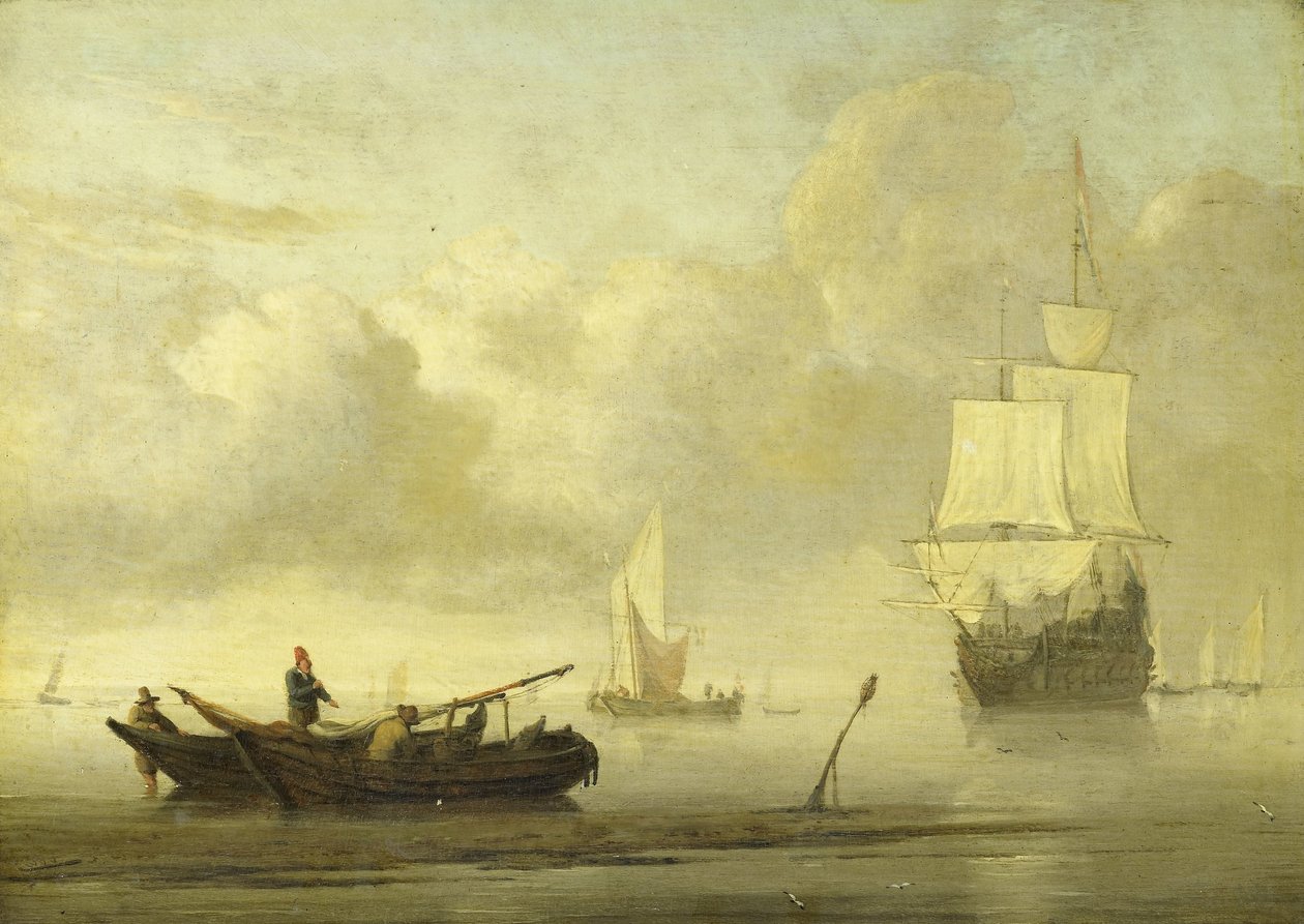 Fartyg nära kusten under ett lugn av Willem van de Velde (II)