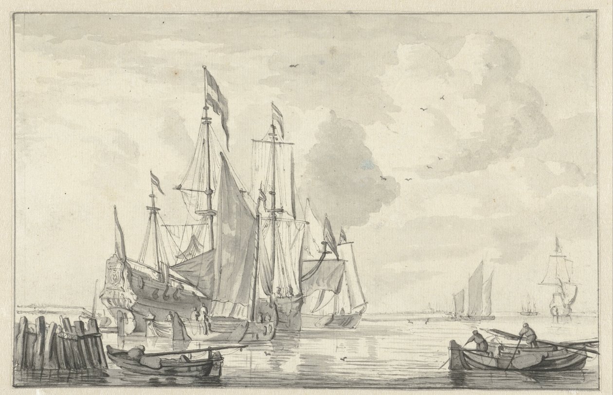 Seascape med några fartyg i lugnt vatten nära kusten av Willem van de Velde (II)