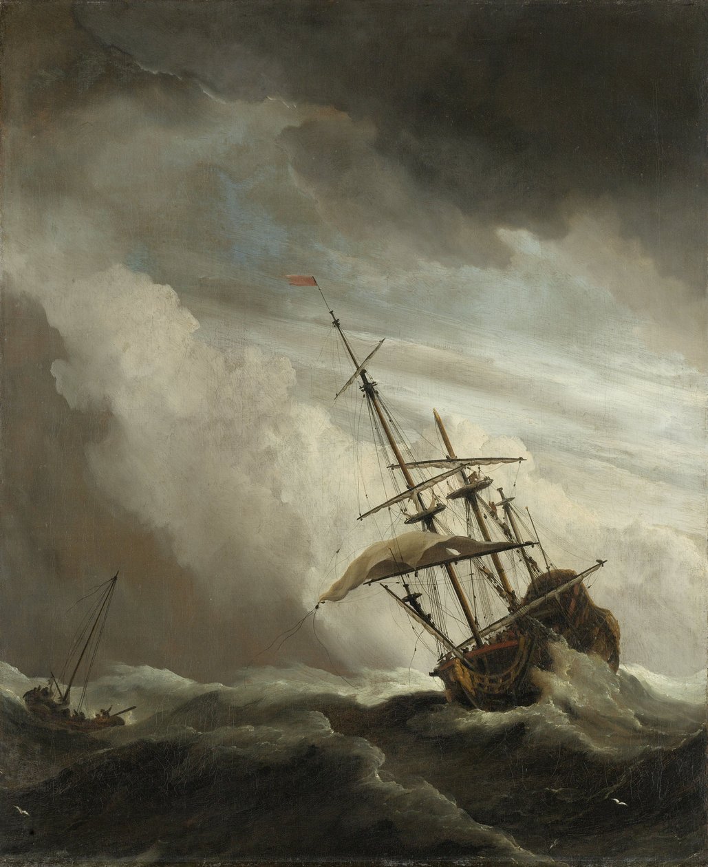 Ett skepp på öppet hav fångat av en storm, känd som vindbyen, 1680 av Willem van de Velde